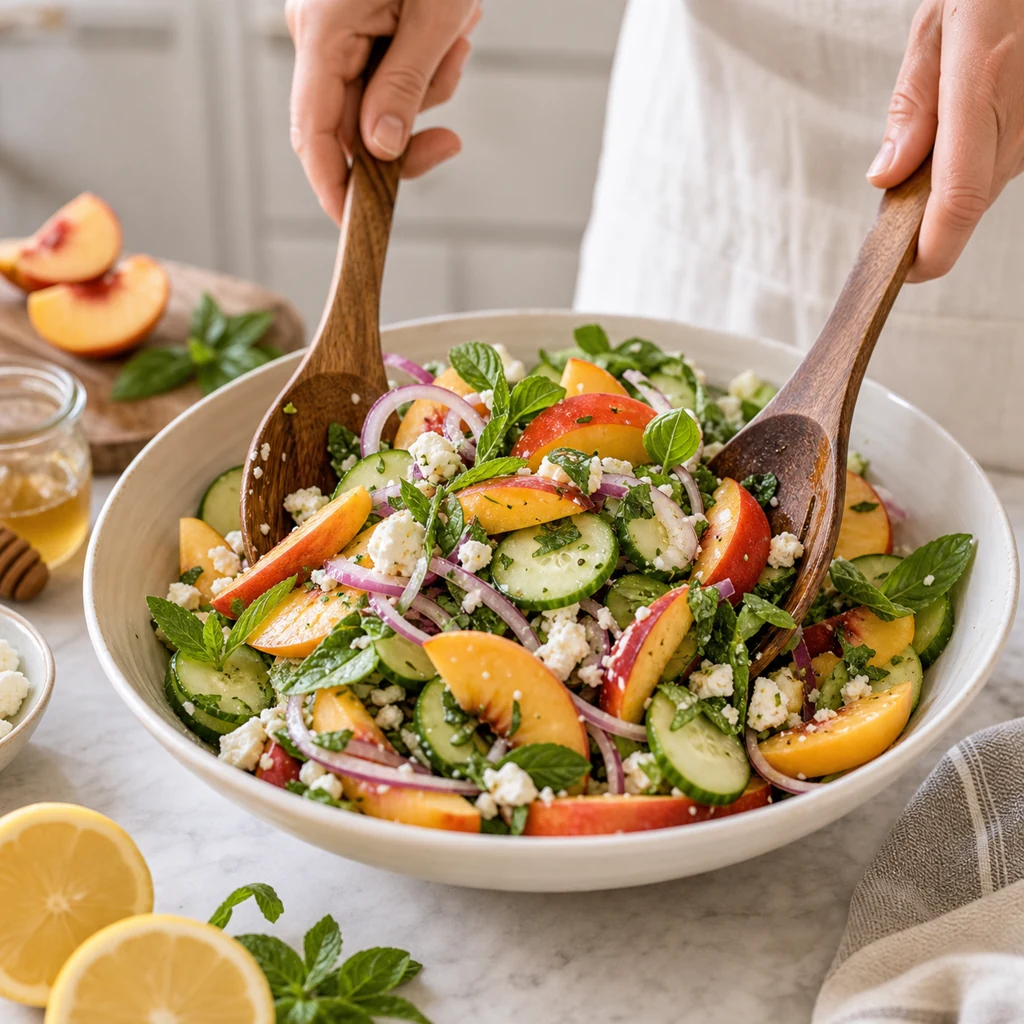 Tossing peach cucumber salad with feta herbs and lemon dressing