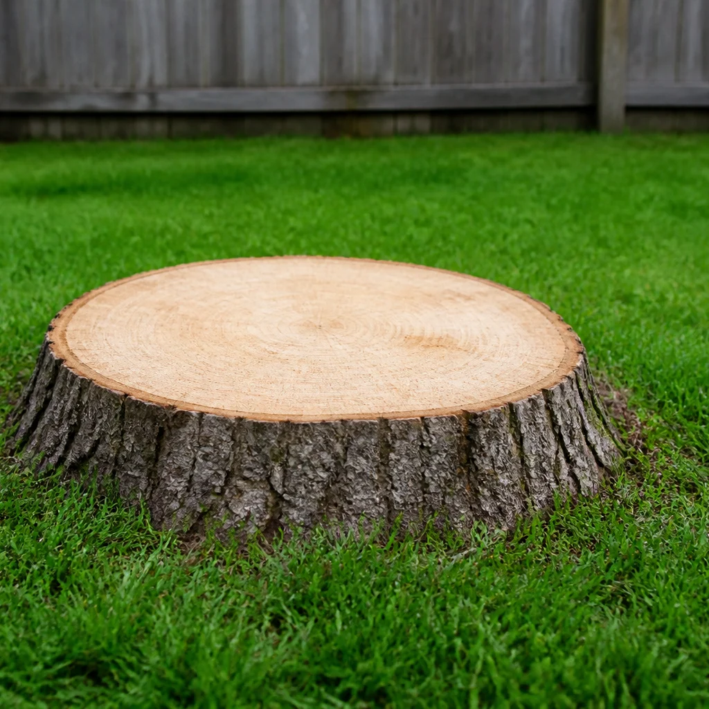 Cut tree stump low in a green backyard lawn before Epsom salt treatment