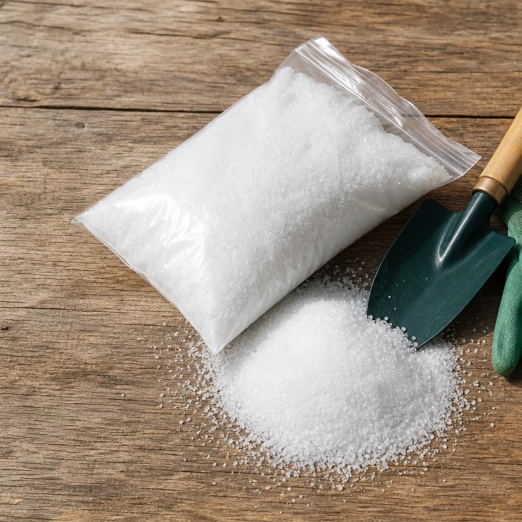 Bag of Epsom salt crystals and garden gloves ready for tree stump treatment