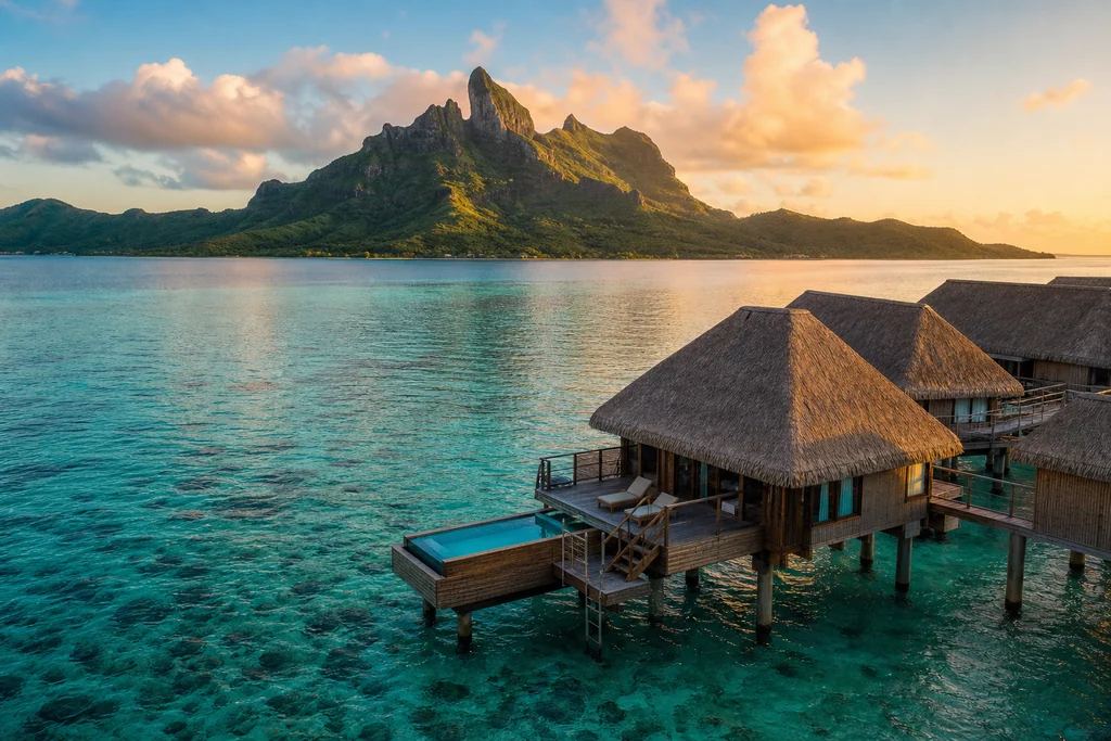 Bora Bora overwater bungalows on a turquoise lagoon in French Polynesia