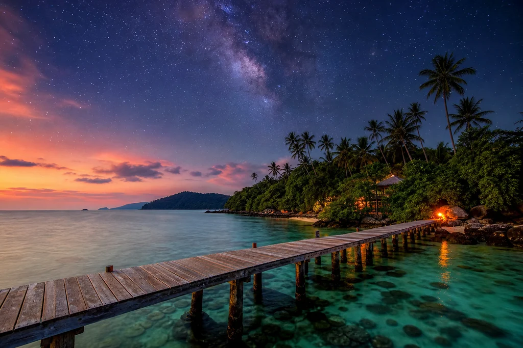 Remote tropical island pier in Cambodia with clear water and palm trees
