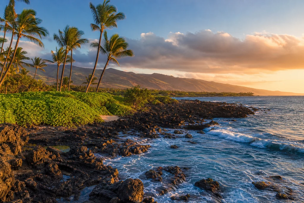 Maui Hawaii golden coastline with palm trees and Pacific ocean views