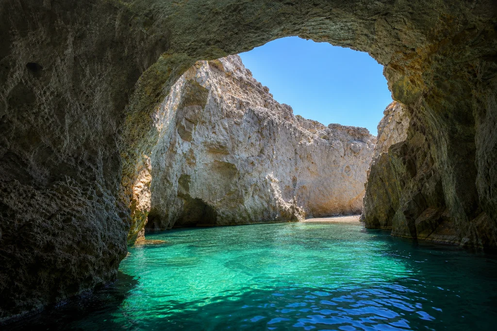 Papafragas sea cave beach in Milos Greece with turquoise Mediterranean water