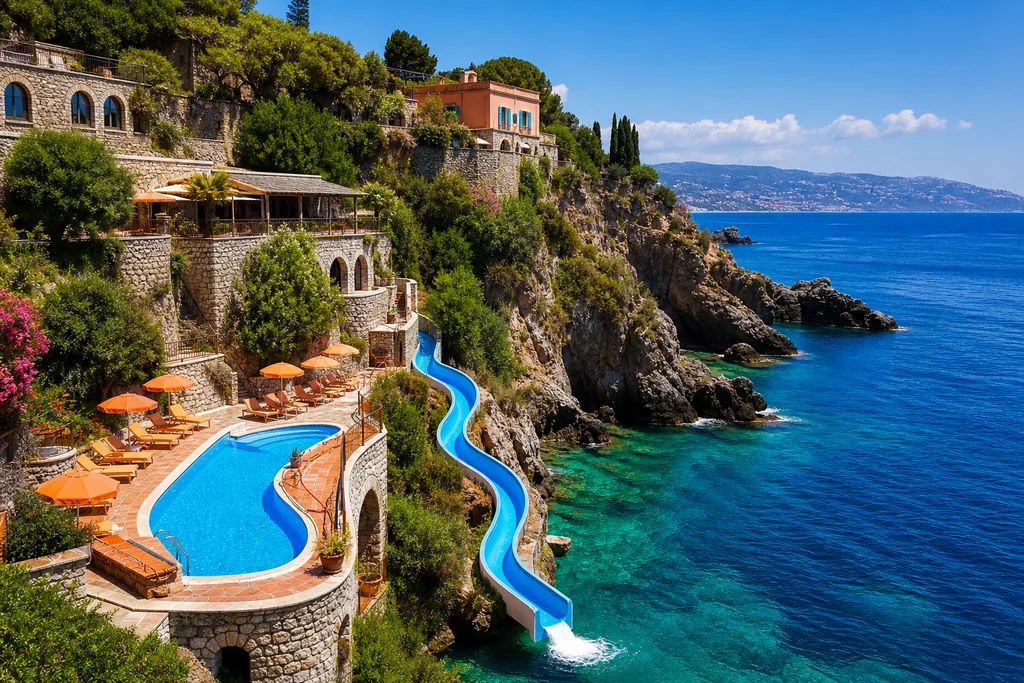 Sicily cliffside Mediterranean resort with swimming area along the coast