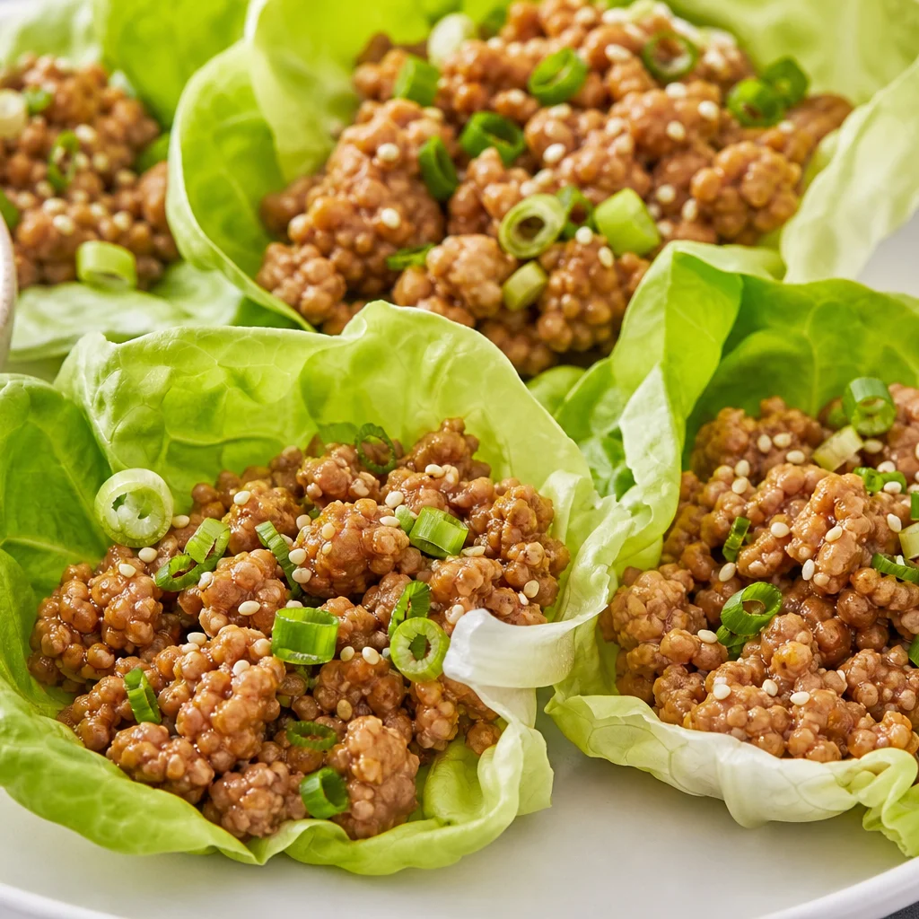 Ground turkey lettuce wraps with scallions in crisp butter lettuce cups