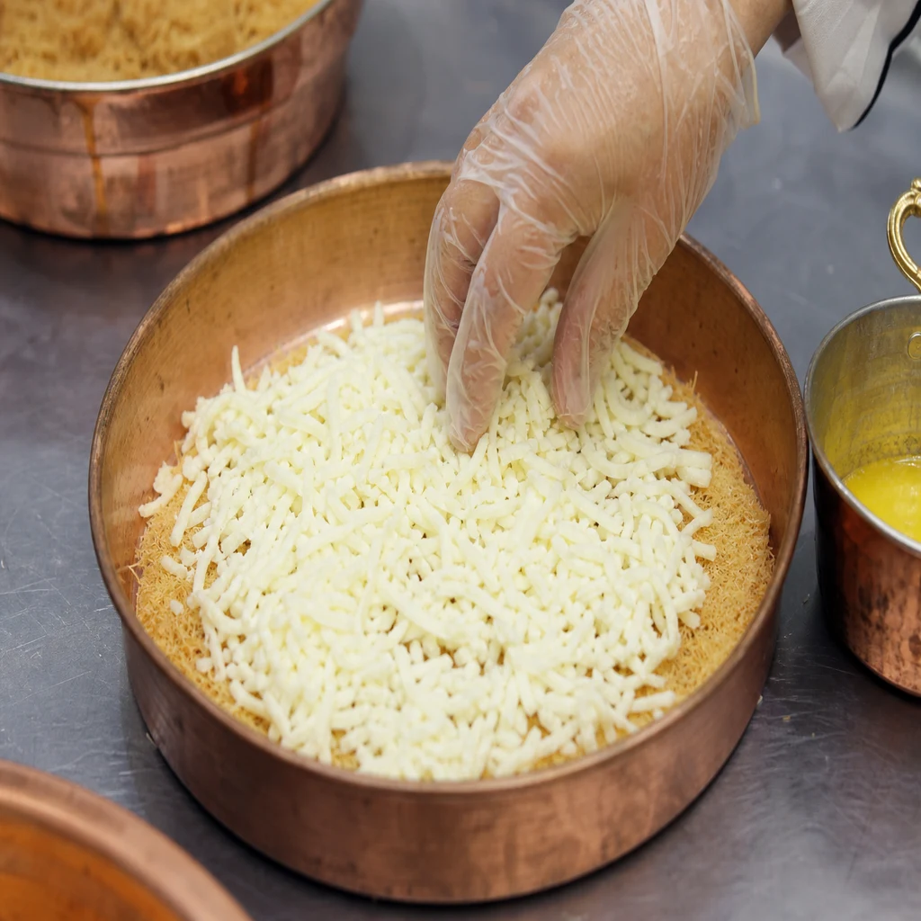 Layered Turkish kunefe in a copper pan with cheese hidden between kataifi
