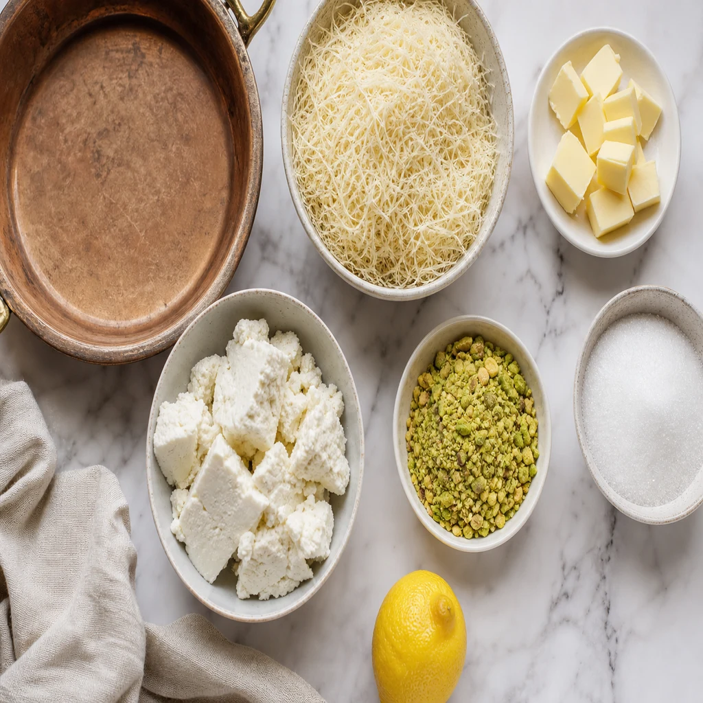 Turkish kunefe ingredients: kataifi pastry, butter, mild cheese, sugar, lemon, and pistachios