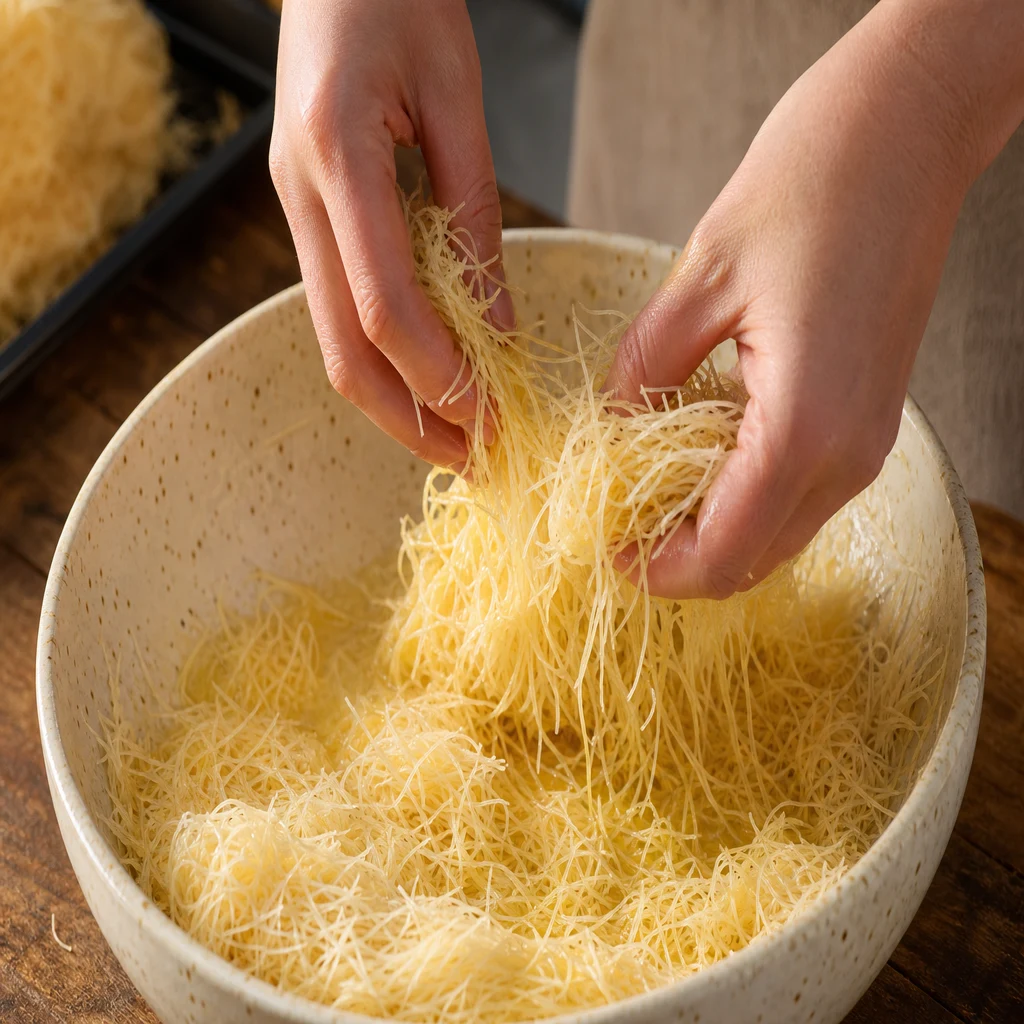 Buttered kataifi prep: fine shredded pastry separated by hand