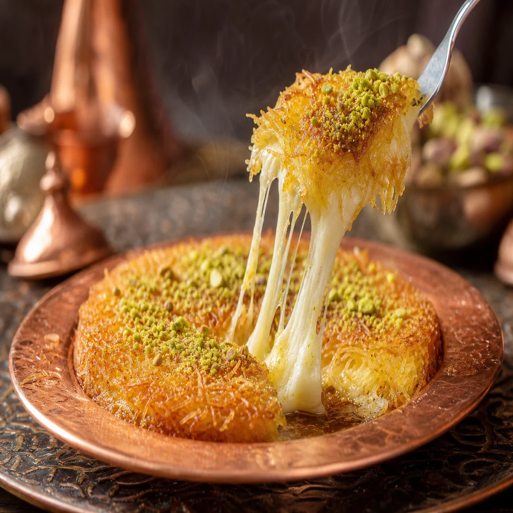 Hot Turkish kunefe served with stretchy melted cheese, golden syrup-soaked kataifi, and pistachios