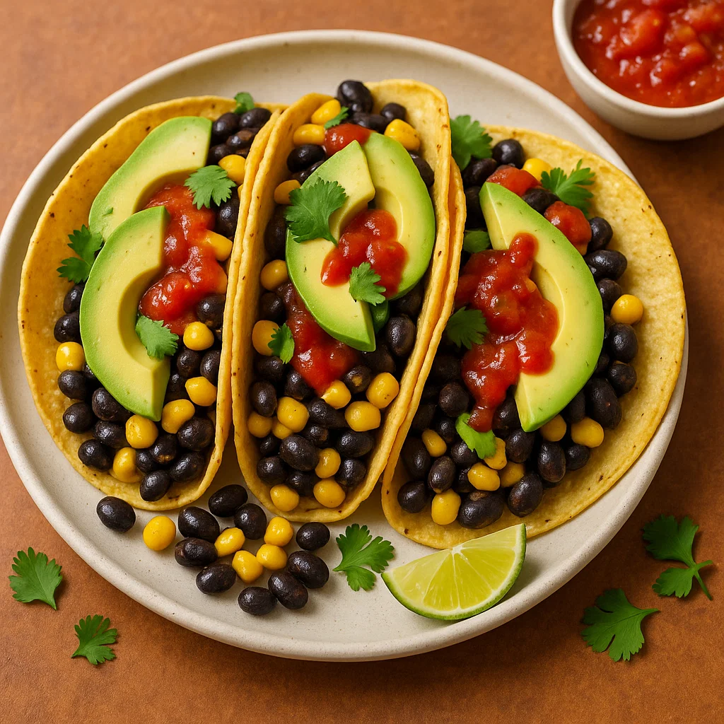 Vegan black bean and corn tacos topped with avocado and salsa on a plate