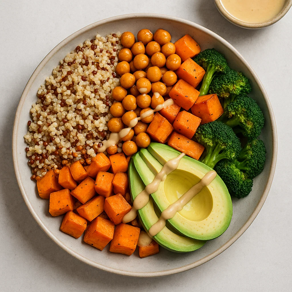 Colorful vegan buddha bowl with quinoa, roasted vegetables, chickpeas, and avocado