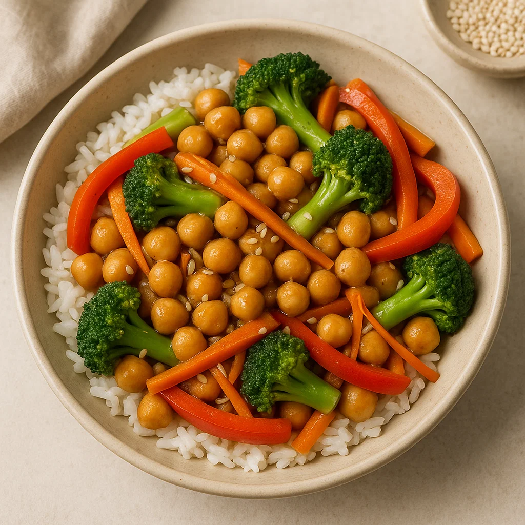Vegan chickpea stir-fry with bell peppers, broccoli, and carrots served over rice
