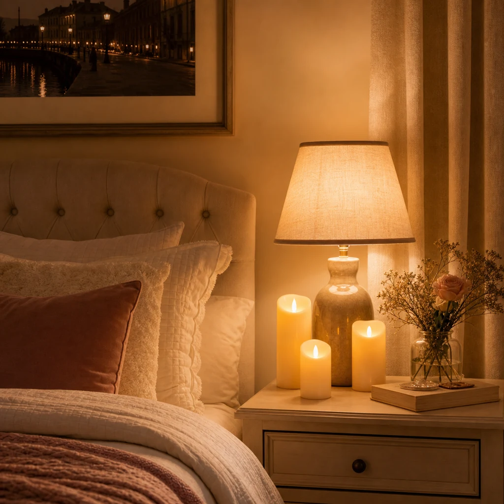 Warm bedside lighting with LED candles in romantic bedroom
