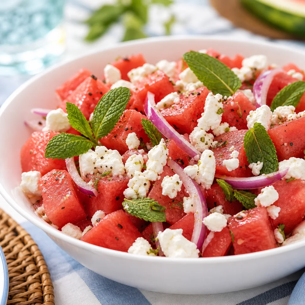 Fresh watermelon feta salad with mint, red onion, and olive oil in a white bowl