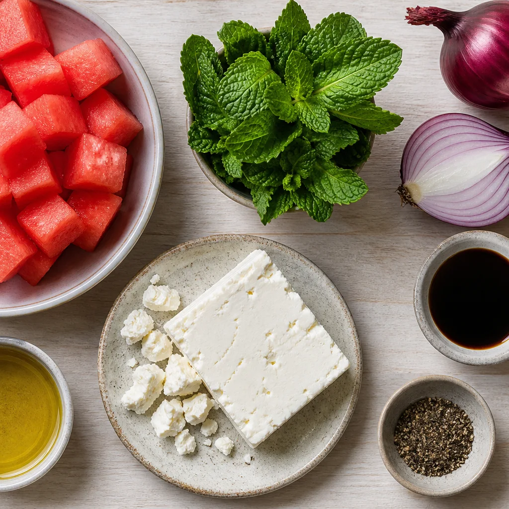 Watermelon feta salad ingredients including cubed melon, feta, mint, red onion, and olive oil