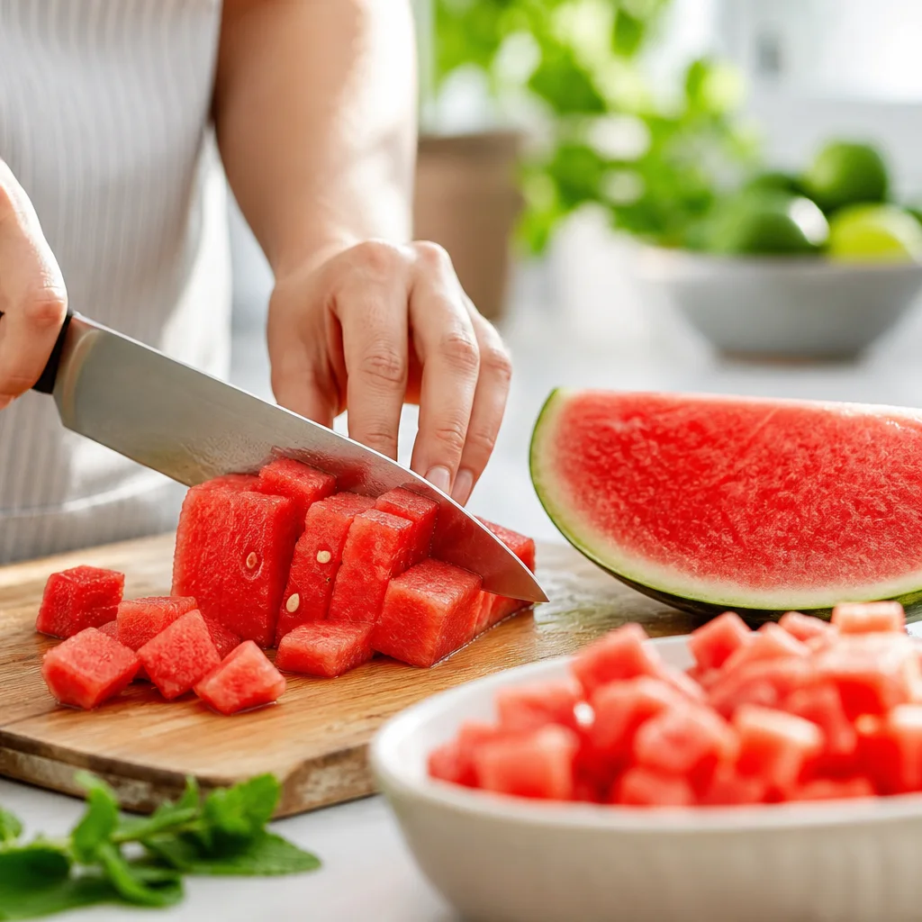 Cubed fresh watermelon on a cutting board for feta salad prep