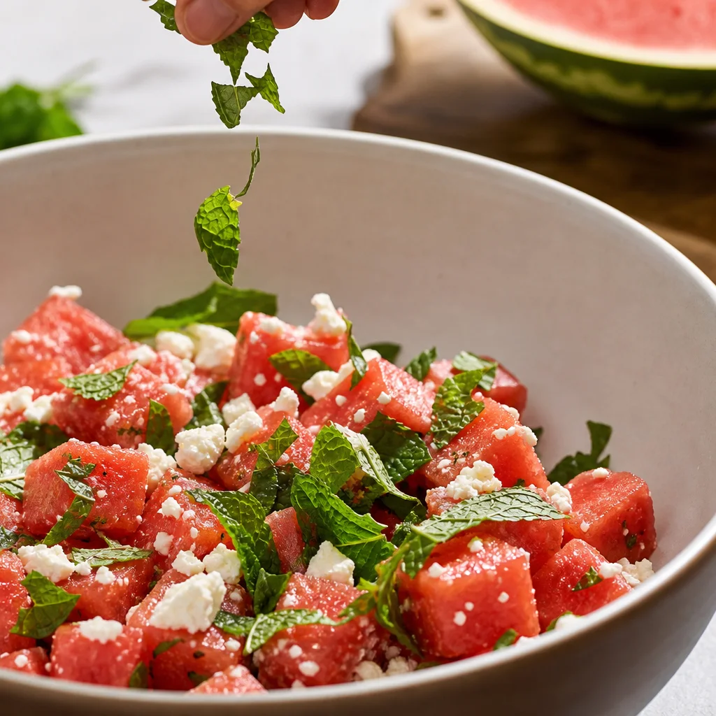 Watermelon cubes tossed with crumbled feta cheese and fresh mint leaves