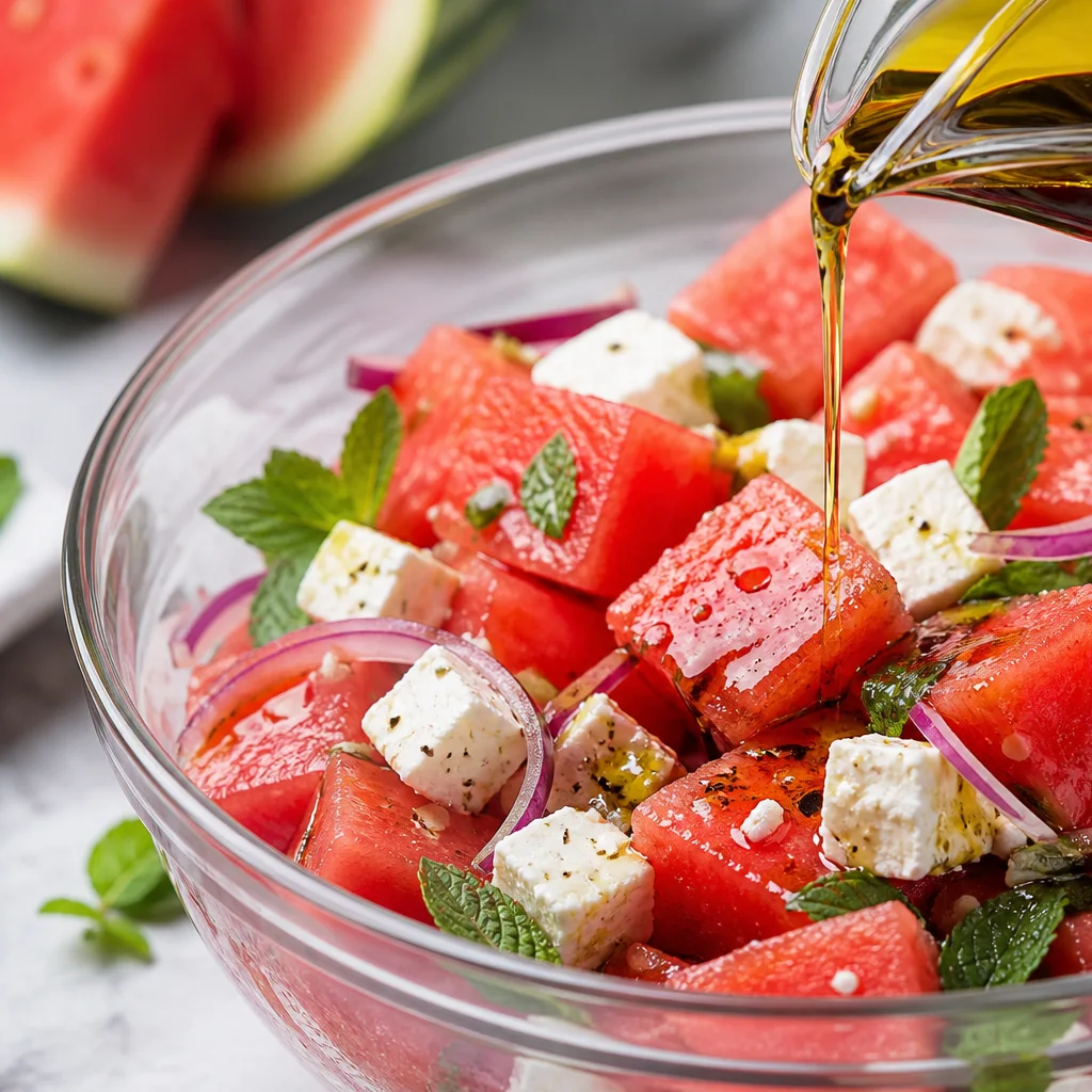Olive oil and balsamic dressing drizzled over watermelon feta salad