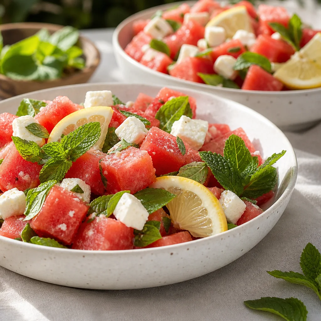 Watermelon feta salad served in bowls at an outdoor summer lunch table