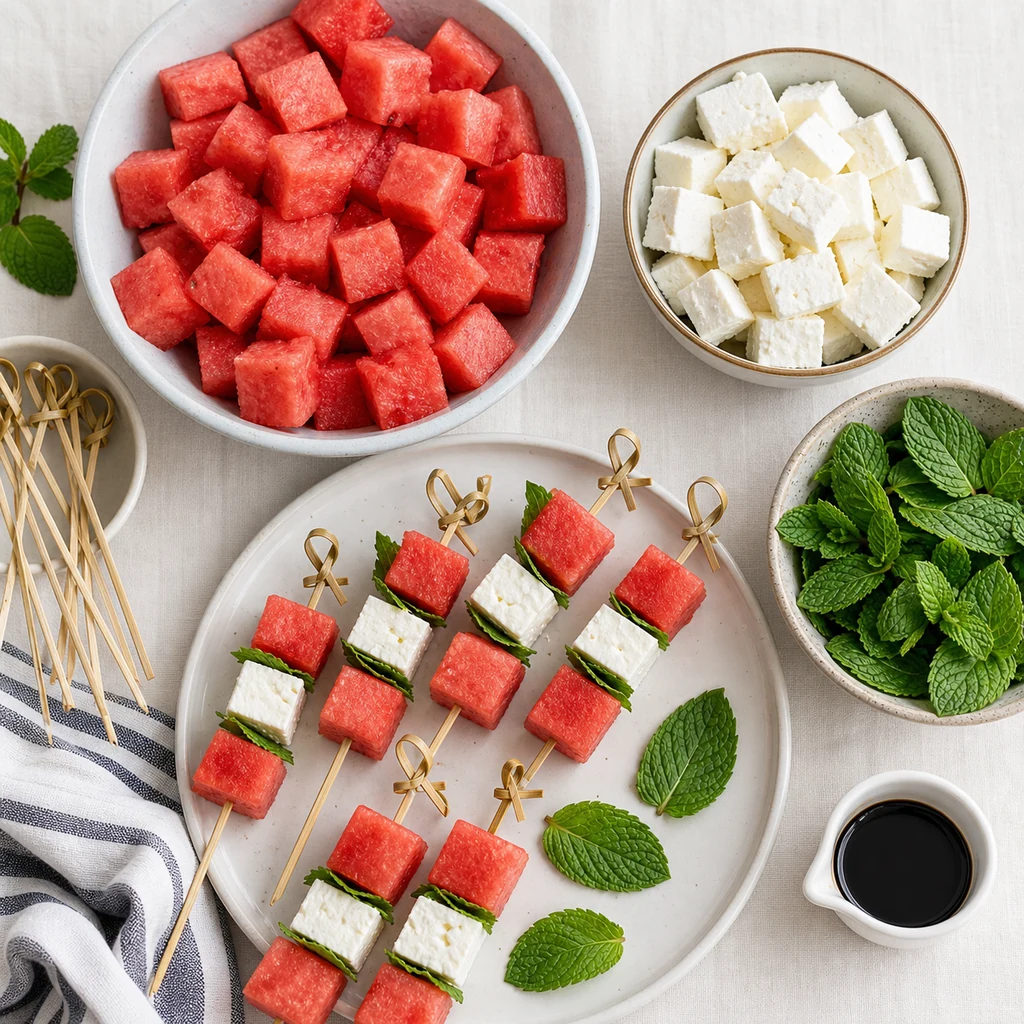 Watermelon feta and mint ingredients arranged for assembling appetizer skewers