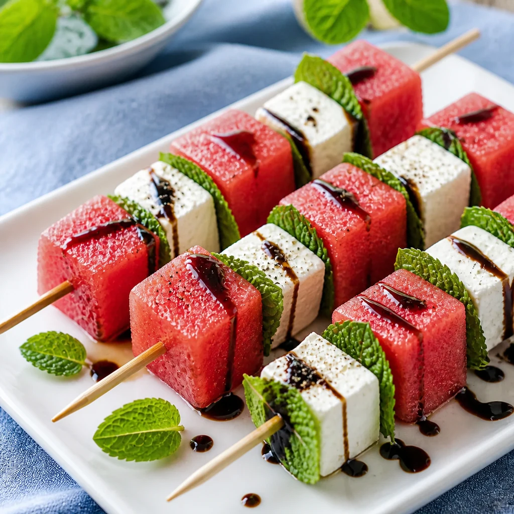 Close-up of watermelon feta mint skewers drizzled with balsamic glaze