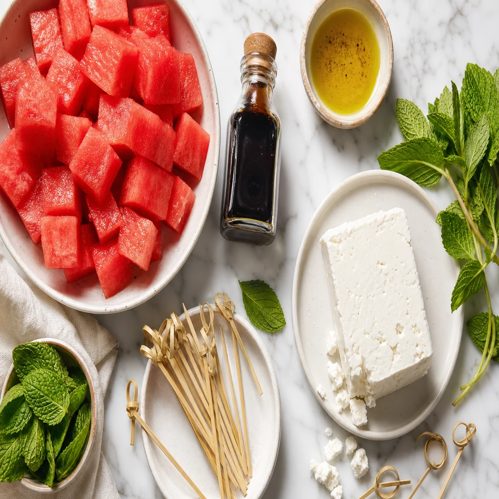 Watermelon cubes block feta mint leaves balsamic glaze and bamboo skewers for appetizer prep