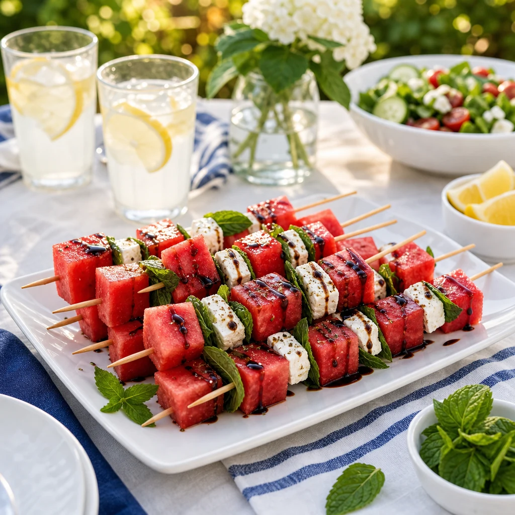 Watermelon feta mint skewers served at a summer backyard gathering