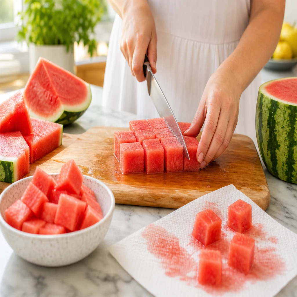 Cutting seedless watermelon into uniform one-inch cubes on a cutting board