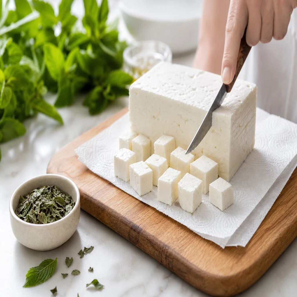 Block feta cut into cubes beside fresh mint leaves ready for skewer assembly