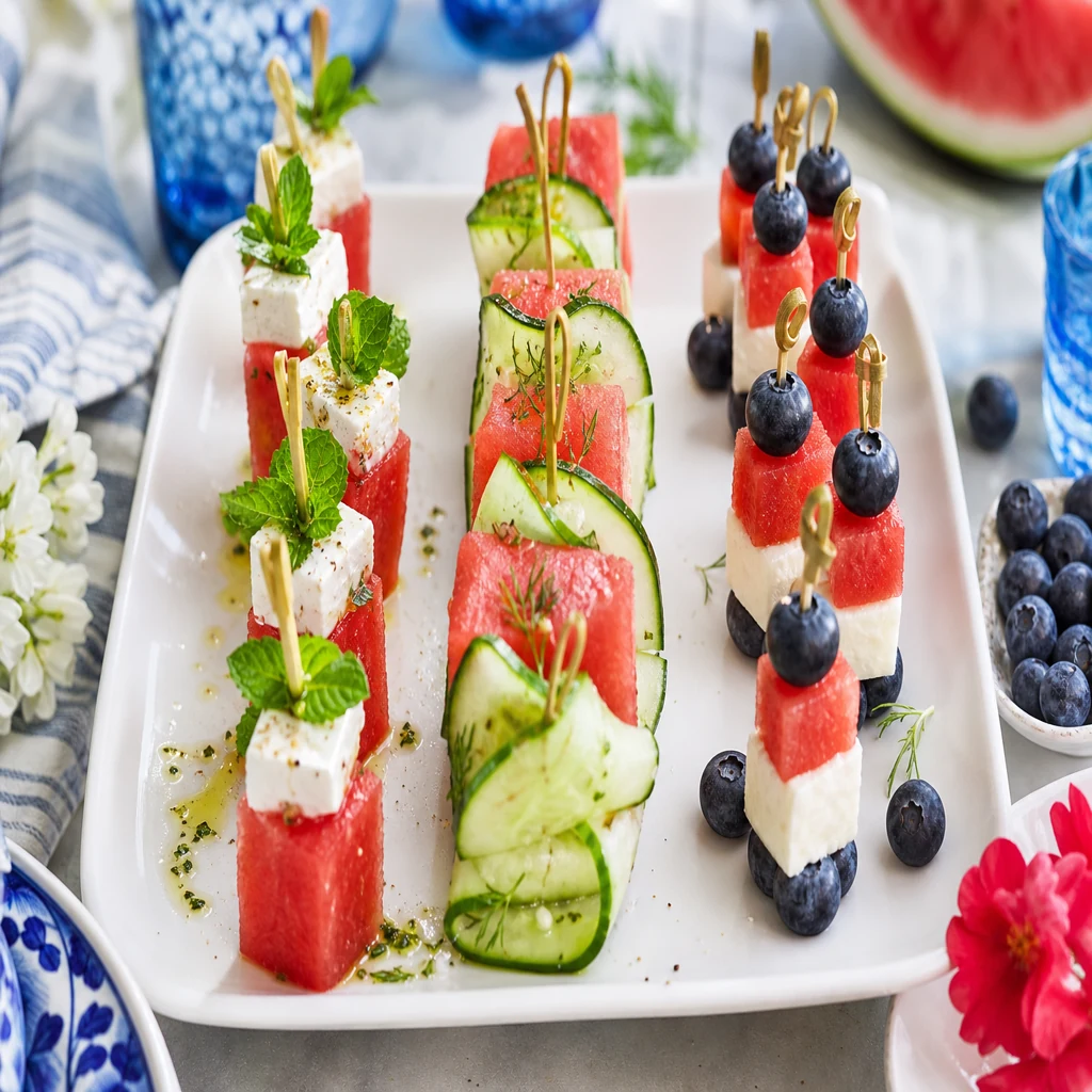 Three variations of watermelon appetizer skewers including cucumber and blueberry patriotic styles