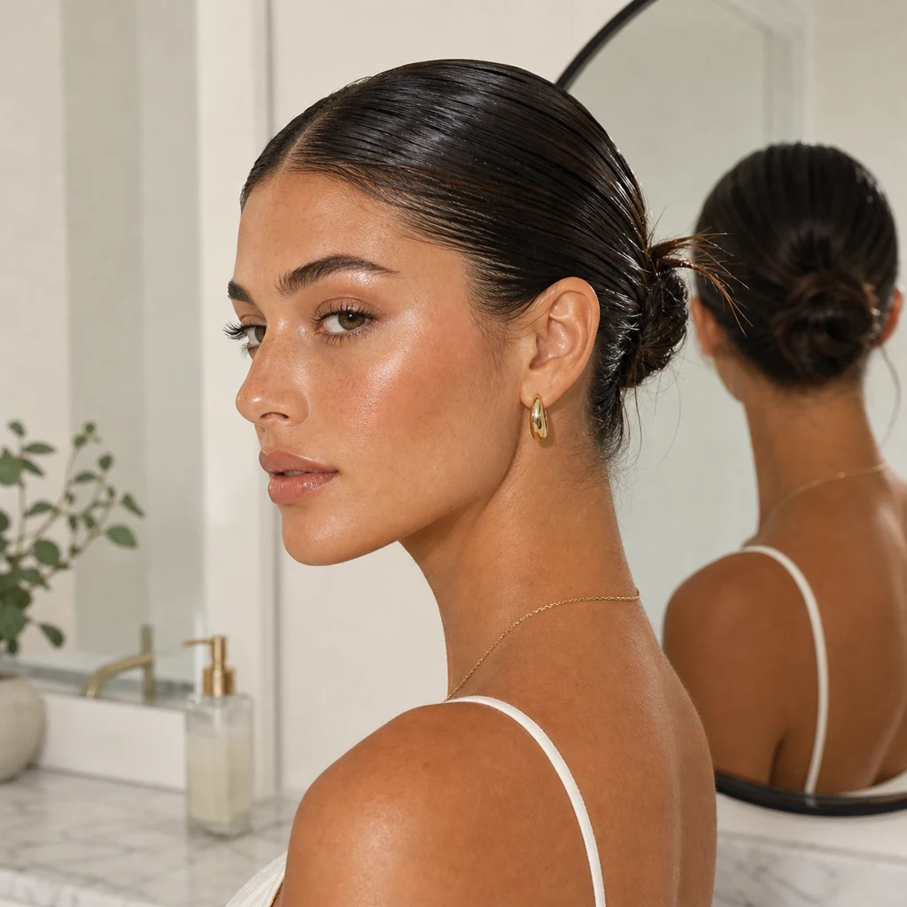 Wet look slick bun hairstyle for hot weather