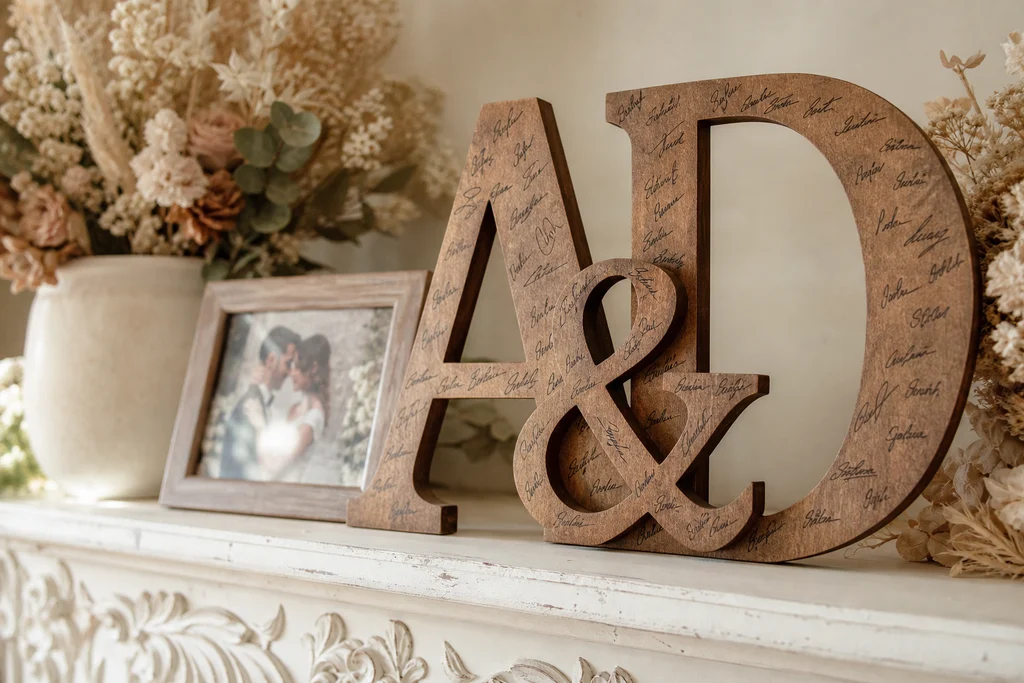 Wooden initials guest book displayed with wedding photo and dried flowers