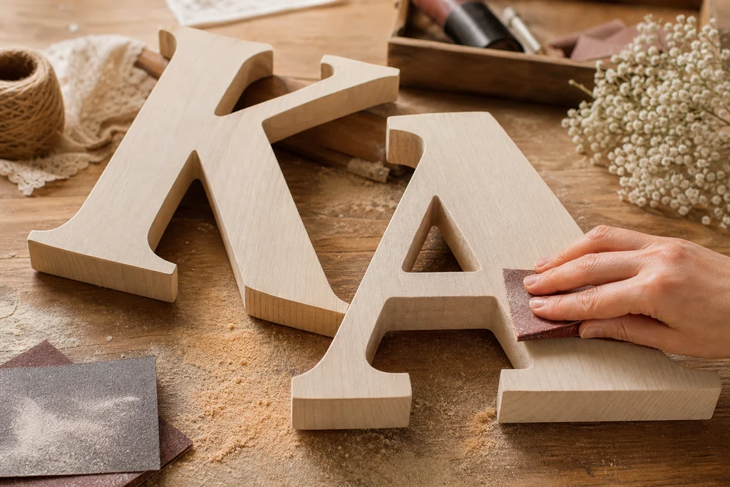 Sanding large unfinished wooden wedding initial letters before stain and guest signing