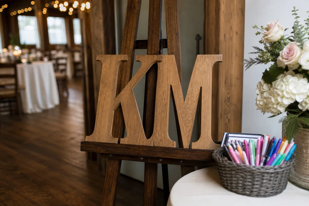Wooden initials on easel at wedding entrance with markers for guest well wishes