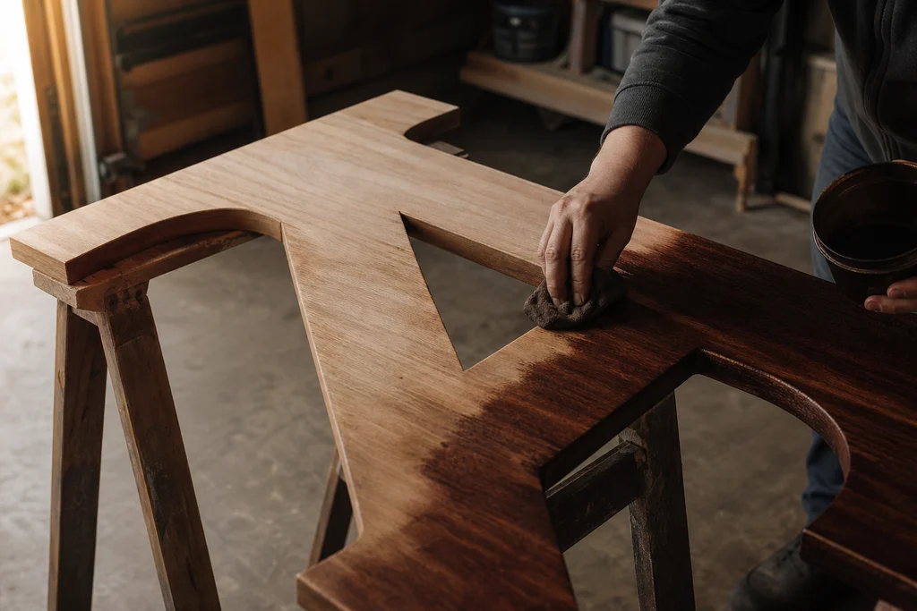 Staining large wooden wedding initial letters before the reception guest book setup