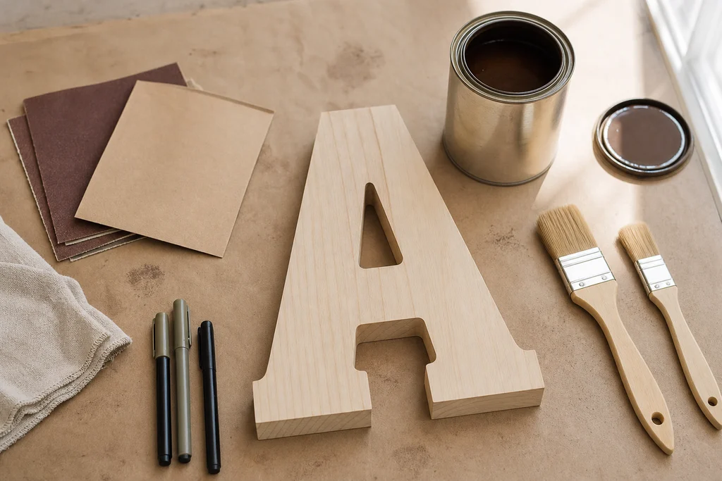DIY supplies for wooden wedding initials guest book including letters stain and markers