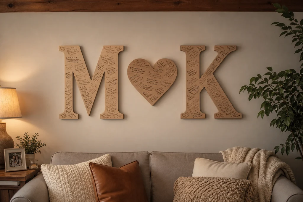 Signed wooden wedding initials displayed on wall as keepsake home decor