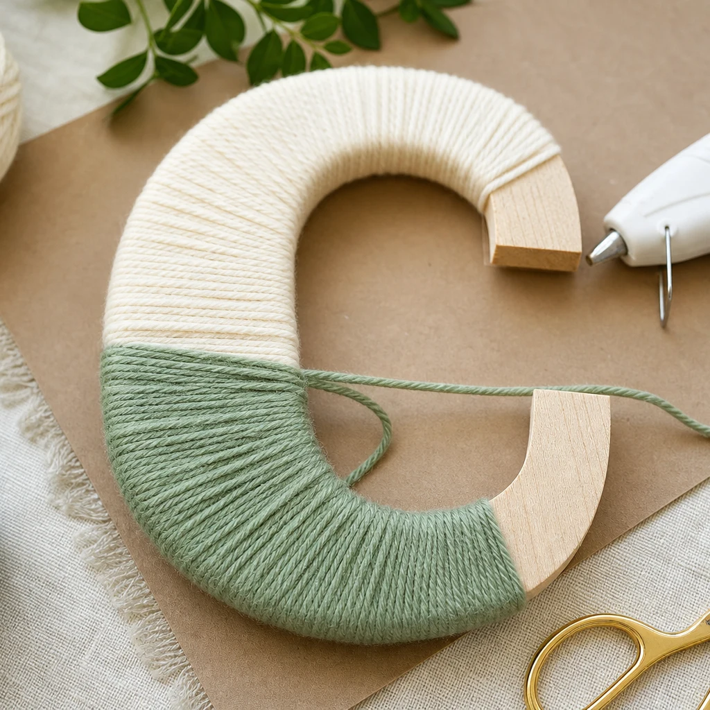 Changing yarn colors while wrapping a wooden letter craft project