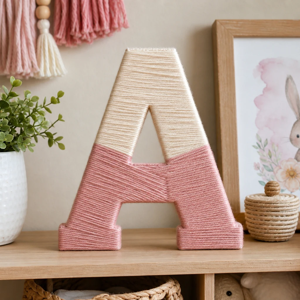 Finished yarn-wrapped wooden letter styled on a home decor shelf