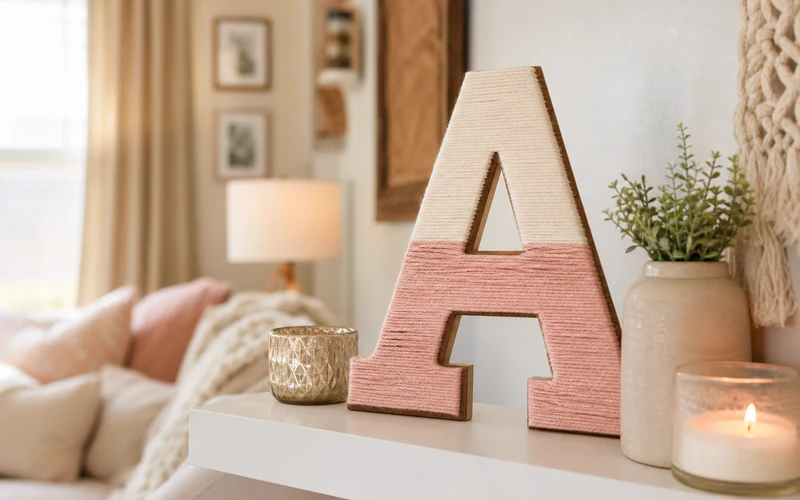 Yarn-wrapped wooden letter displayed on a shelf as DIY home decor