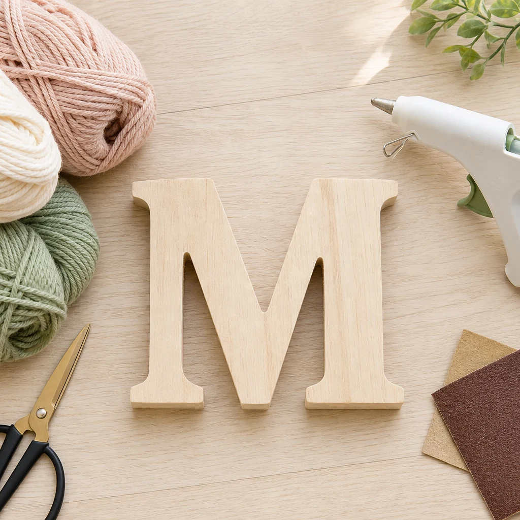 DIY supplies for a yarn-wrapped wooden letter including yarn skeins, wooden letter, glue gun, and scissors