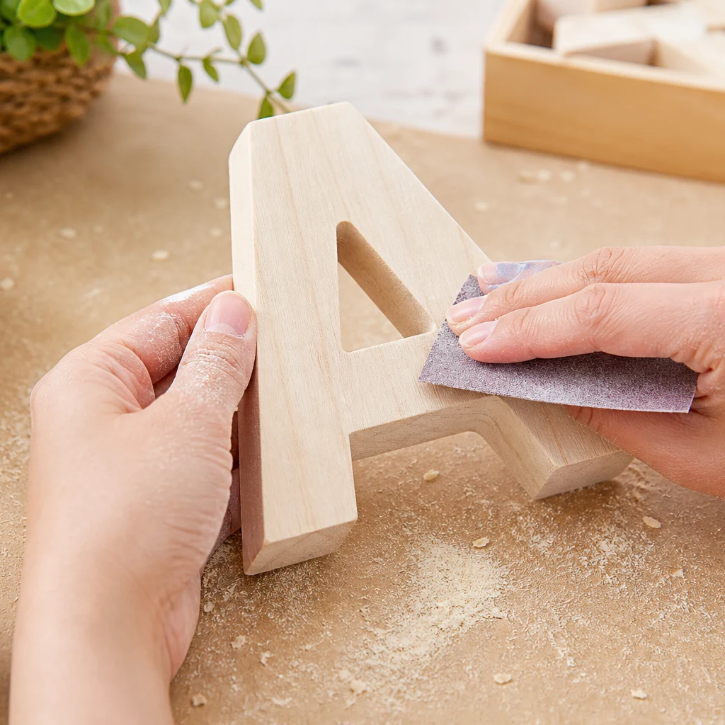 Sanding a wooden letter with fine sandpaper before wrapping with yarn