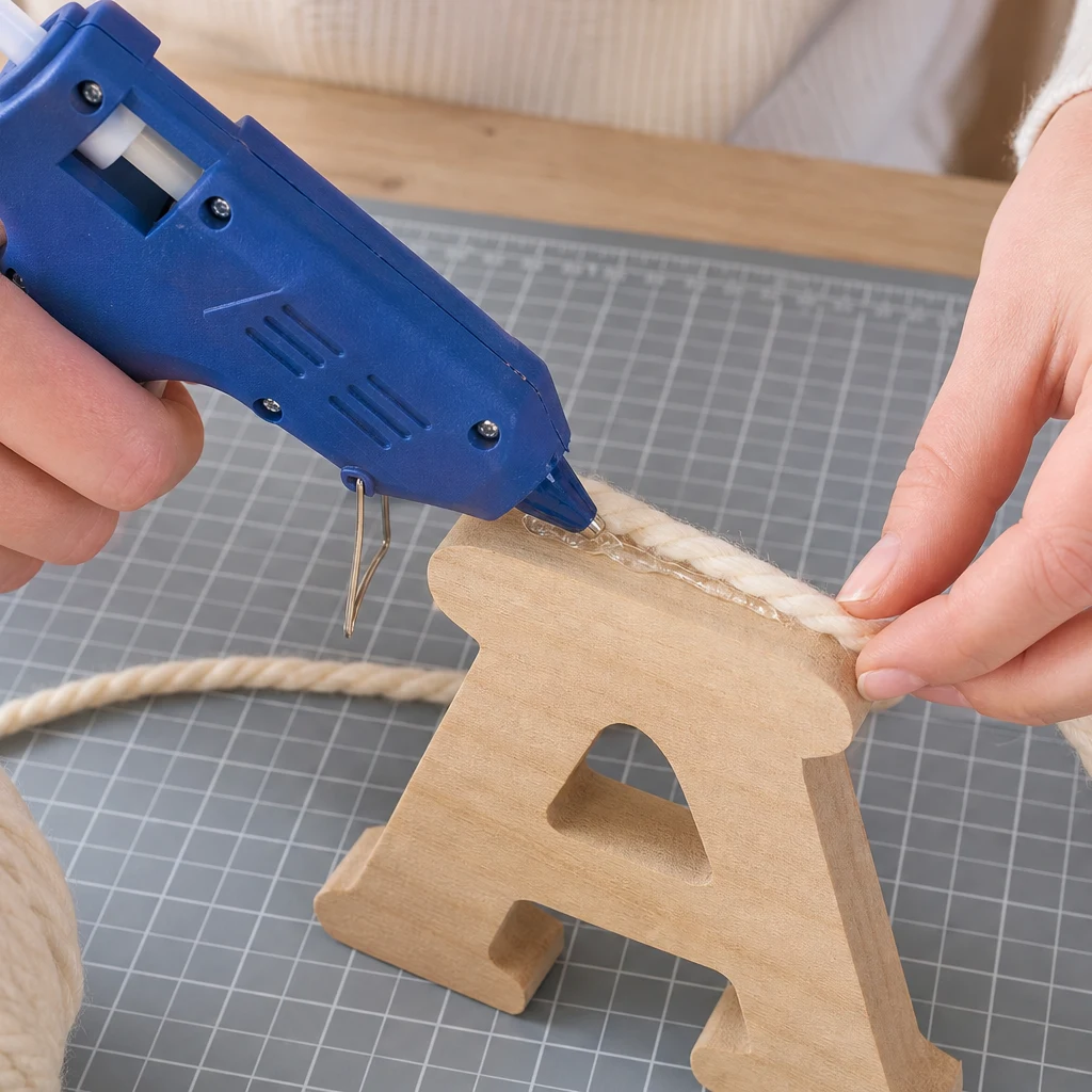 Attaching yarn to the back of a wooden letter with a hot glue gun