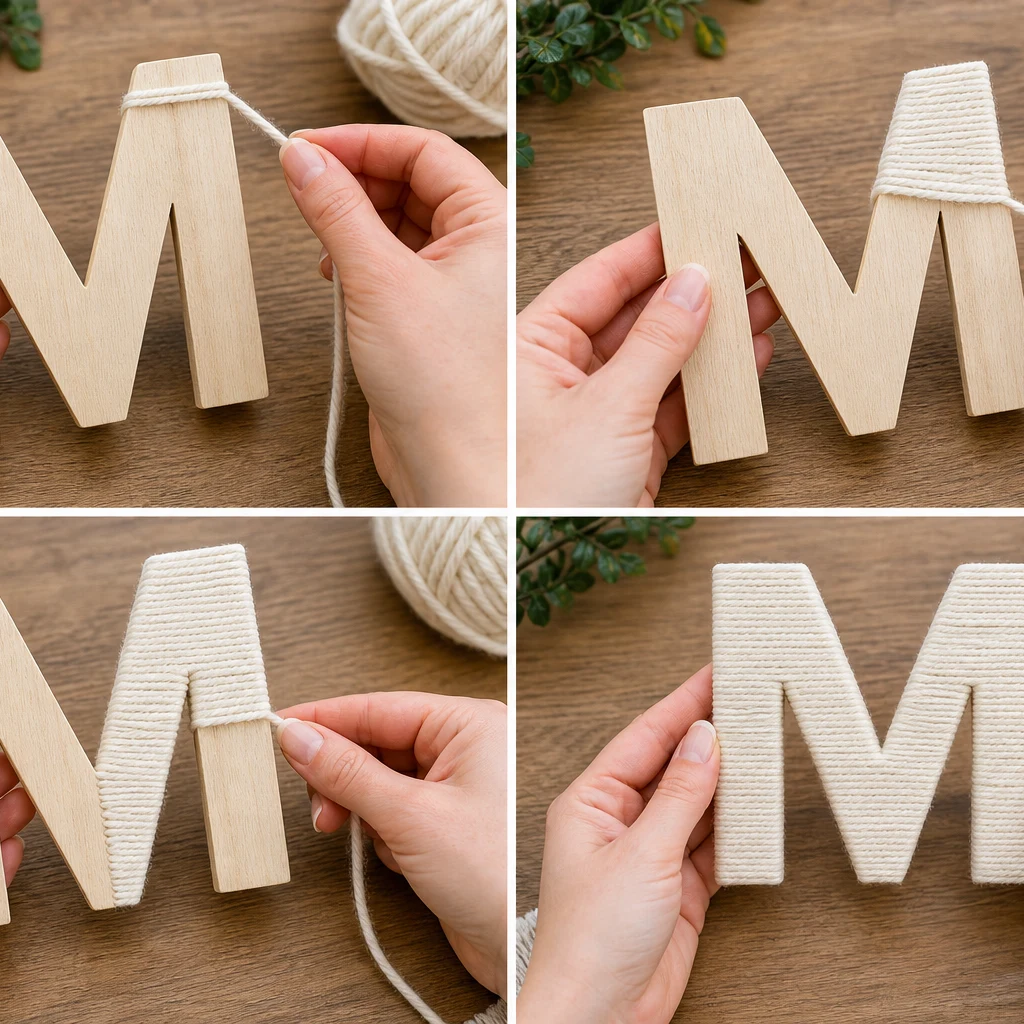 Wrapping yarn tightly around a wooden letter for home decor