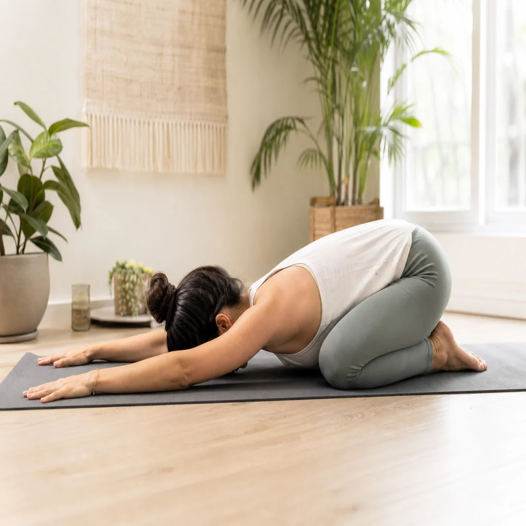 Woman in childs pose with side stretch to release shoulder and neck tension