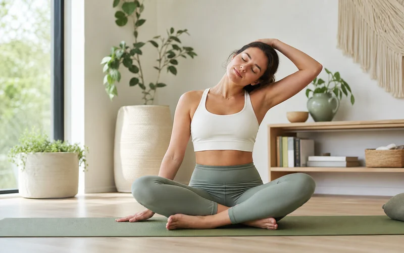 Woman doing gentle seated neck and shoulder stretch on yoga mat for pain relief