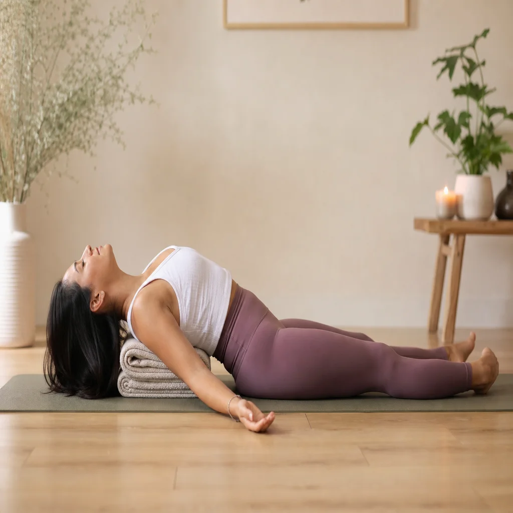 Woman in supported fish pose to open chest and ease neck tension