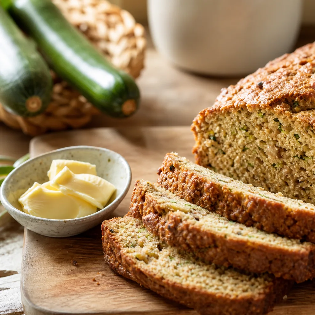 Sliced moist zucchini bread on a wooden cutting board with butter