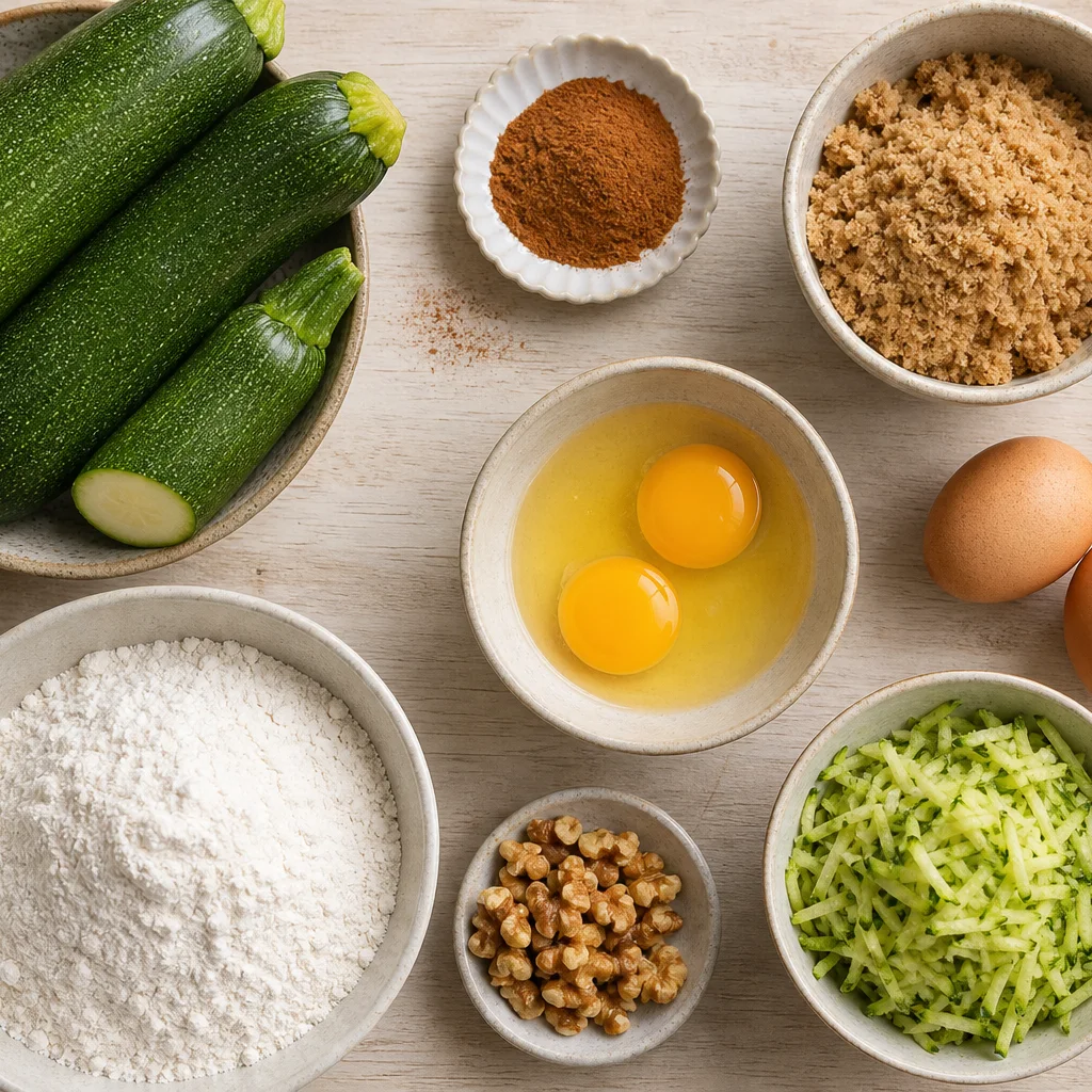 Zucchini bread ingredients including fresh zucchini, flour, eggs, brown sugar, and cinnamon