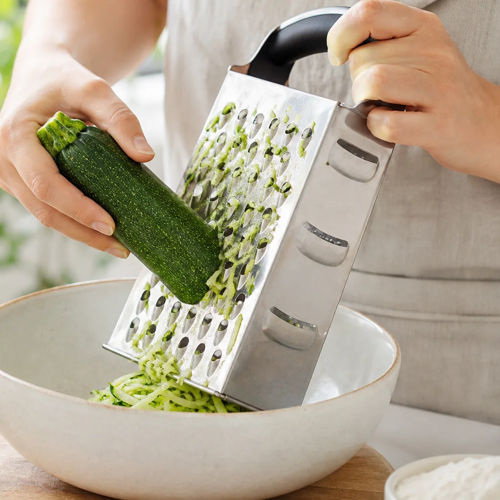 Fresh zucchini being grated on a box grater for bread batter
